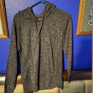 Dark grey hoodie.